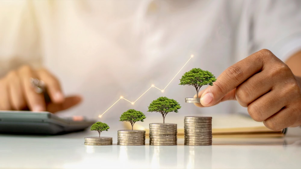 Stacks of coins with small trees growing on top, symbolizing financial growth and investment in construction or contracting businesses.
