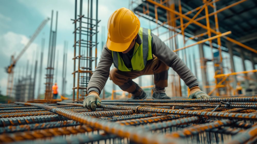 Reinforcing steel worker bending rebar on construction site under building framework.