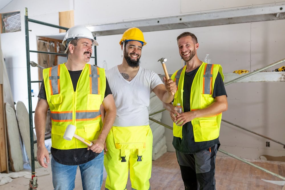 Construction workers wearing safety vests and helmets collaborating on a building site.