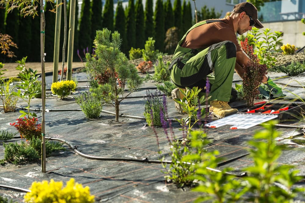 Young man planting shrubs in a garden landscape, demonstrating garden design and landscaping skills.
