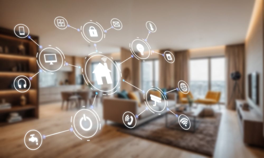 Smart home technology connectivity, digital icons representing security, lighting, and internet in a modern, well-lit living room.