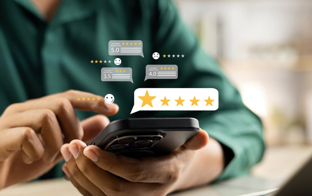 Five-star customer reviews and ratings displayed on a smartphone screen for contractor service feedback.