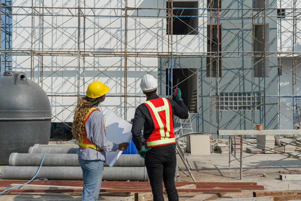 Construction workers discussing plans on a construction site, scaffolding and building materials in the background.