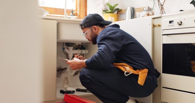 Licensed plumber inspecting pipe under kitchen sink for plumbing issues.
