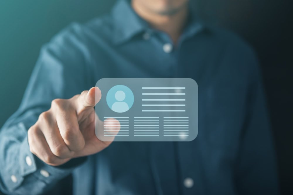 Professional digital ID card displayed with futuristic transparent interface for contractor licensing and certification.