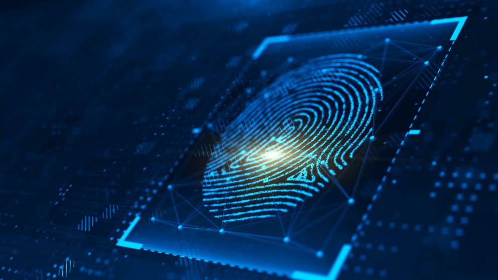 Futuristic biometric fingerprint scanning technology with digital interface, representing cybersecurity, identity verification, and innovative security solutions.