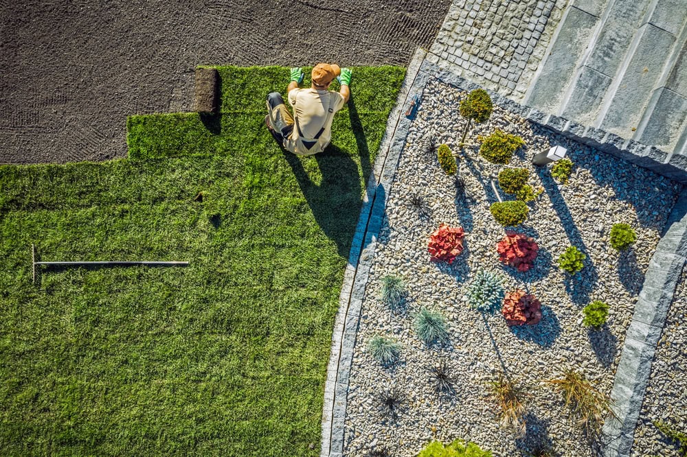 Lawn installation and landscape gardening with a person laying fresh sod on a new lawn.