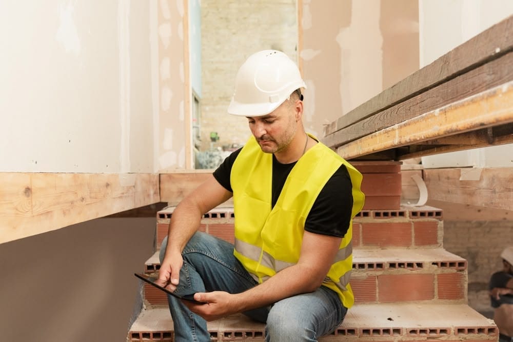 A construction worker in a white safety helmet and yellow reflective vest sitting on brick stairs at a building site, using a tablet for project management or inspection.