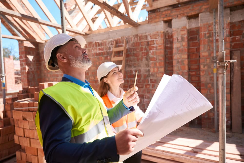 A construction site with two professionals reviewing blueprints inside a partially built brick structure, under a clear sky, demonstrating planning and supervision in building projects.