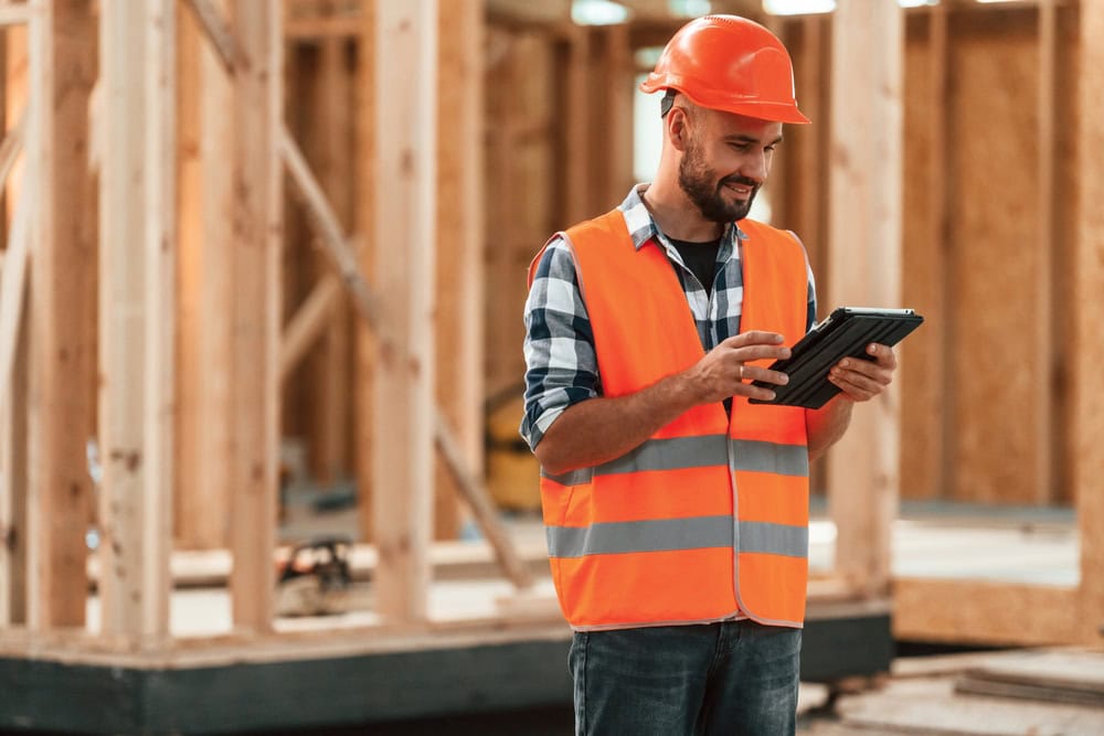 A construction supervisor in an orange safety vest and hard hat using a tablet on a building site with wooden framing in the background.