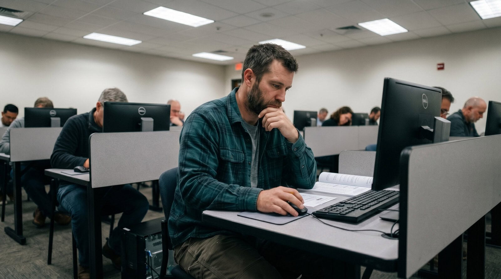 Adult male student studying at a computer in a classroom with other students, focusing on contractor licensing exam preparation.