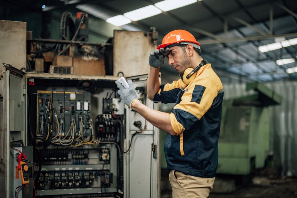 Electrician inspecting electrical panel in industrial setting, wearing safety gear and using a tablet for diagnostics, emphasizing skilled contractor work.