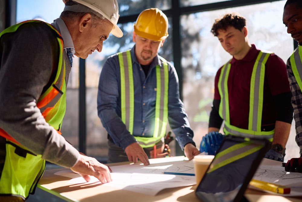 Construction team reviewing blueprints outdoors, wearing safety vests and helmets, emphasizing contractor training and licensing for building projects.