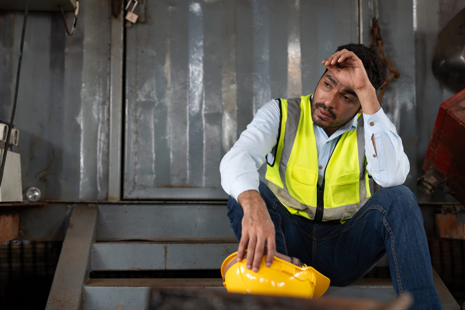 Concerned construction worker in a yellow safety vest sitting on the floor of an industrial site, holding a yellow hard hat, looking worried about project progress or safety issues.