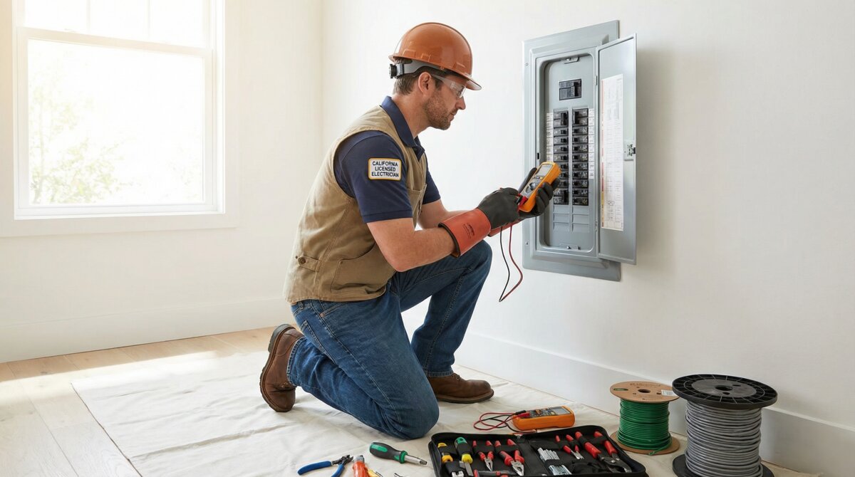 Licensed California electrical contractor working on residential electrical panel