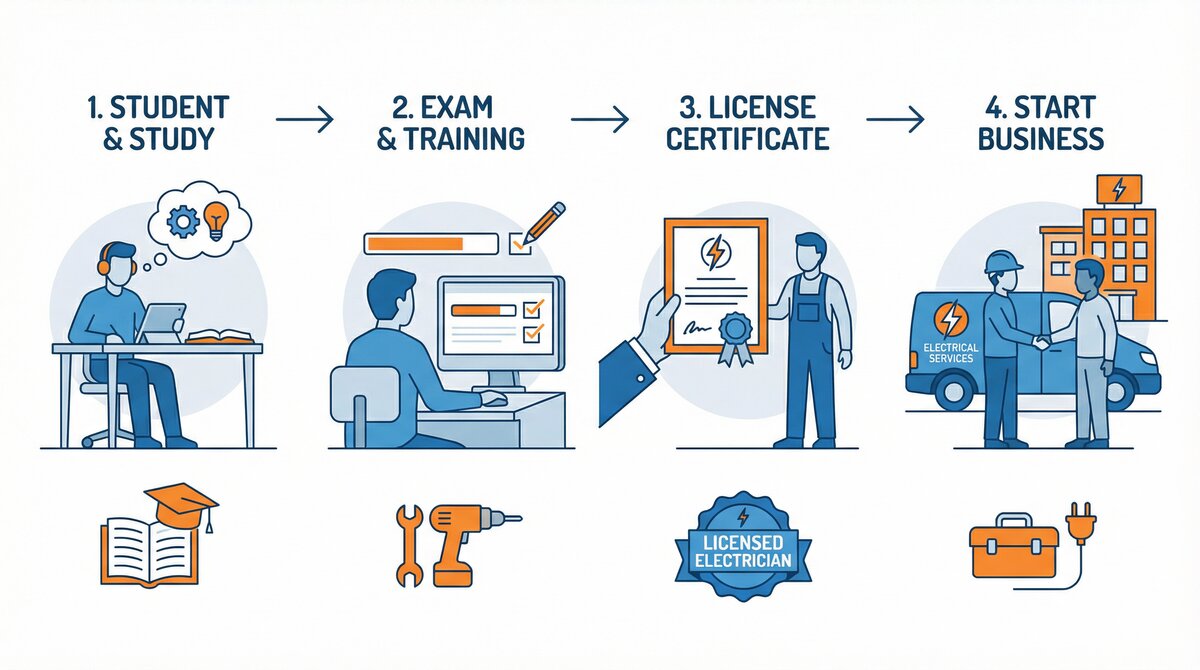 Electrical contractor career path infographic: study, pass exam, get licensed, start business