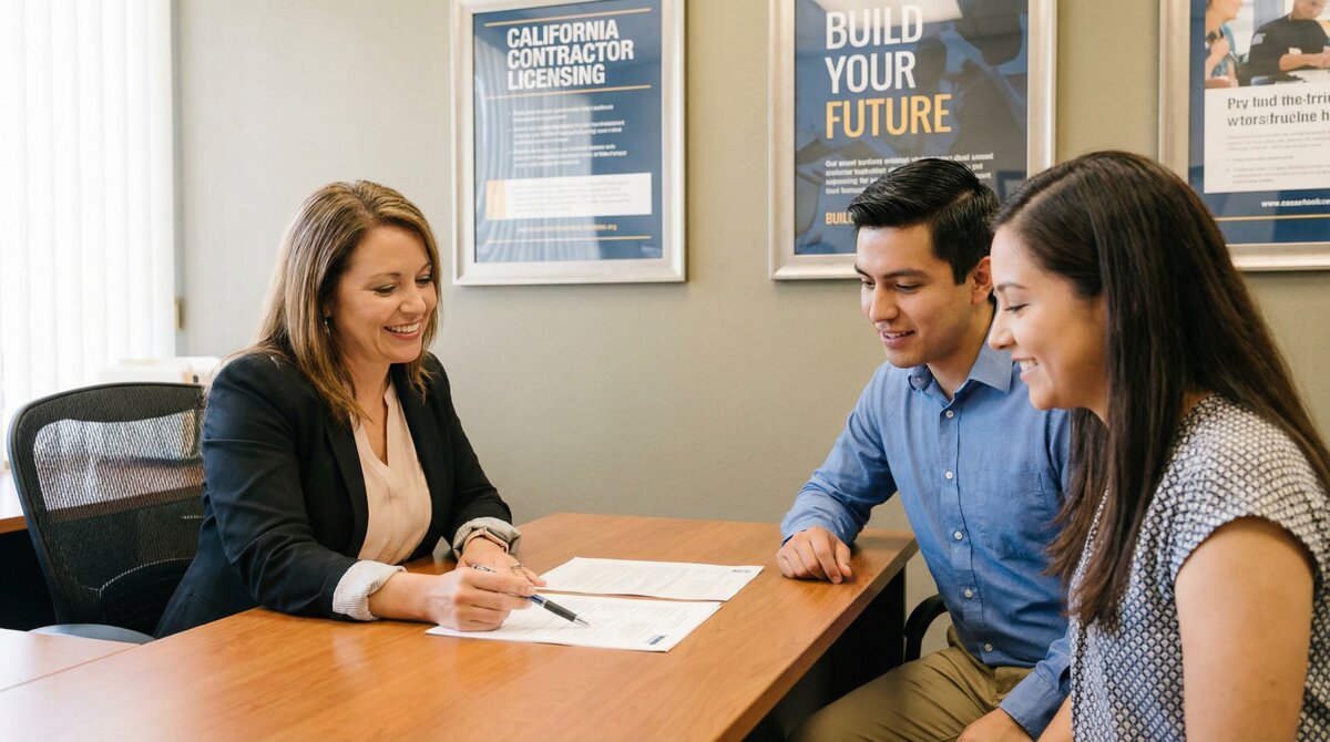 CSLS counselor explaining contractor license requirements to a couple at desk with California licensing posters in background